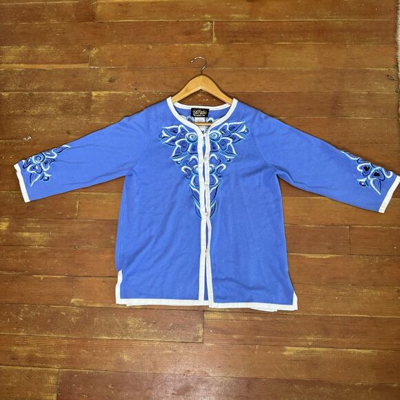 BOB MACKIE Wearable Art Blue Embroidered Cardigan Sweater Cutout Floral Granny S - Picture 6 of 16
